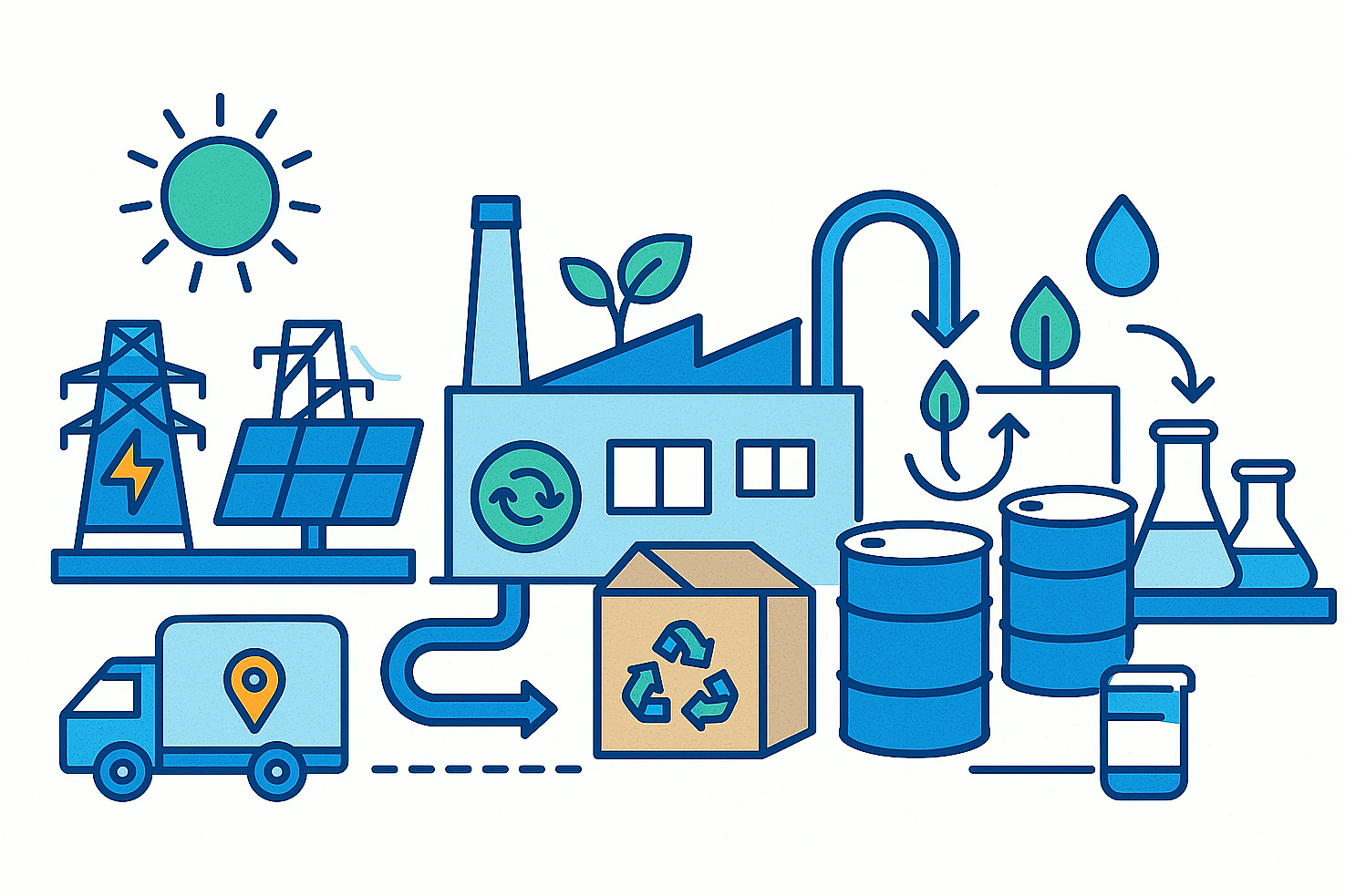 Ilustración de sostenibilidad ambiental en operaciones con productos químicos especiales que incluyen energía renovable, ciclos de agua, reutilización de embalaje y logística