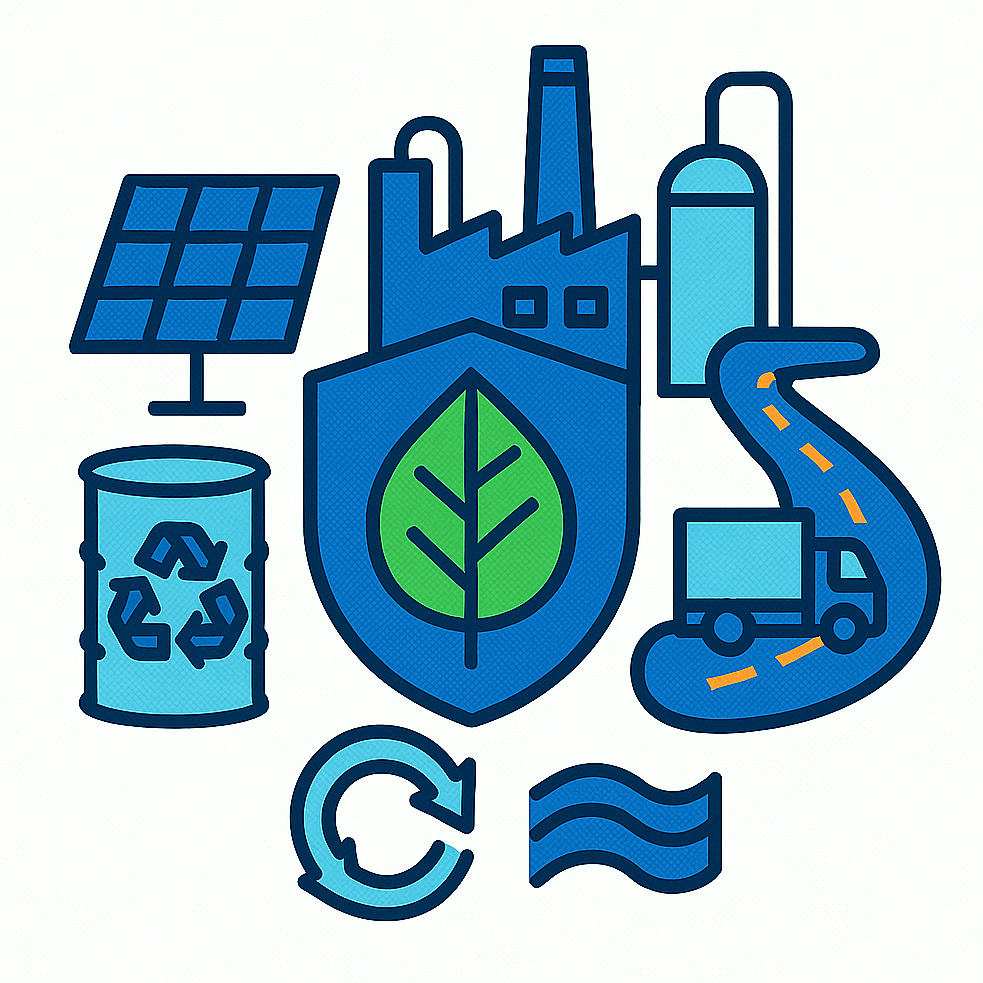 Ilustración de la sostenibilidad ambiental con energías renovables, agua, envases y logística