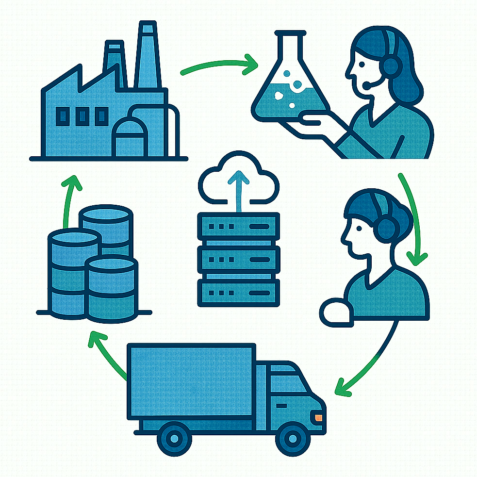 Ilustración de prácticas empresariales sostenibles en producción, logística, consultoría y servicios informáticos