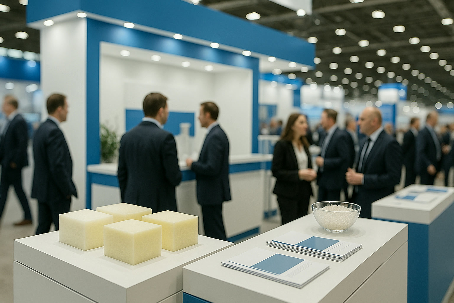 Stand de feria con muestras de espuma y materiales especializados