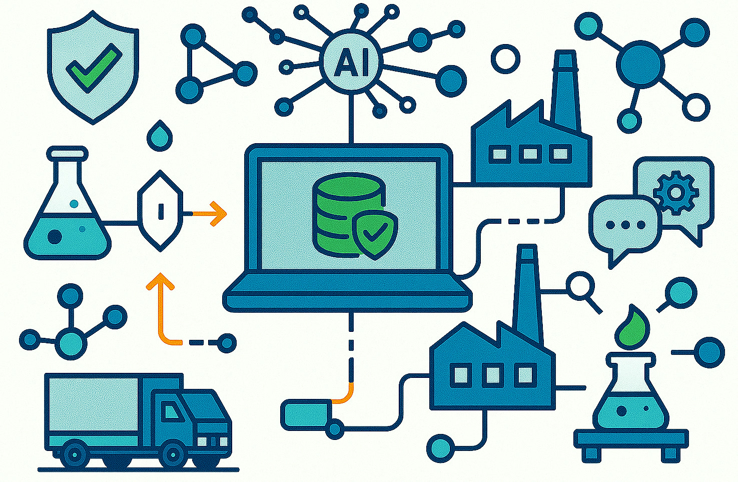 Ilustración de una infraestructura digital segura y controlada por la empresa que conecta operaciones industriales, logística y atención al cliente