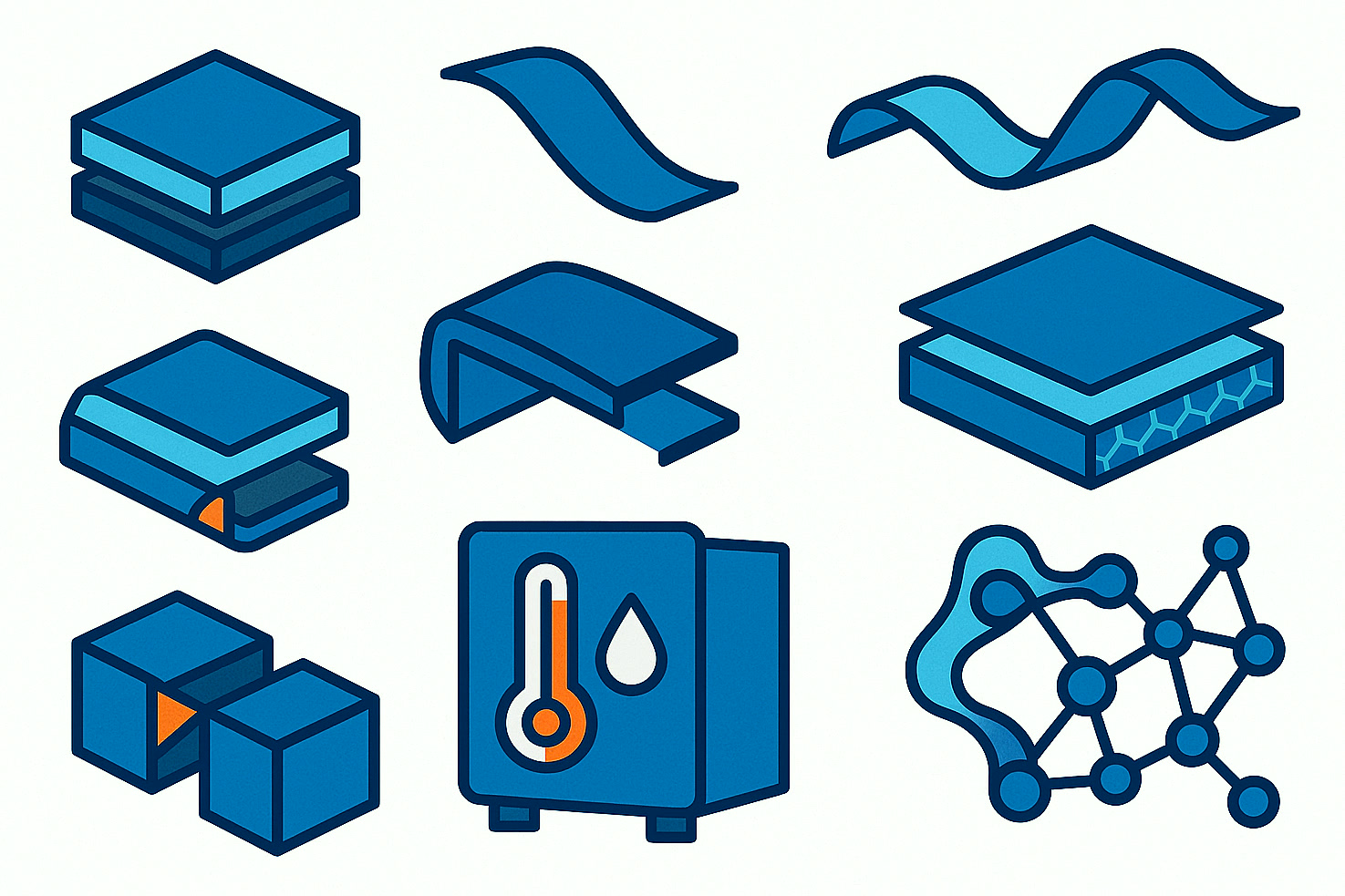 Ilustración de muestras de prueba de adhesivos industriales, envejecimiento por calor y humedad, materiales flexibles y red de unión final