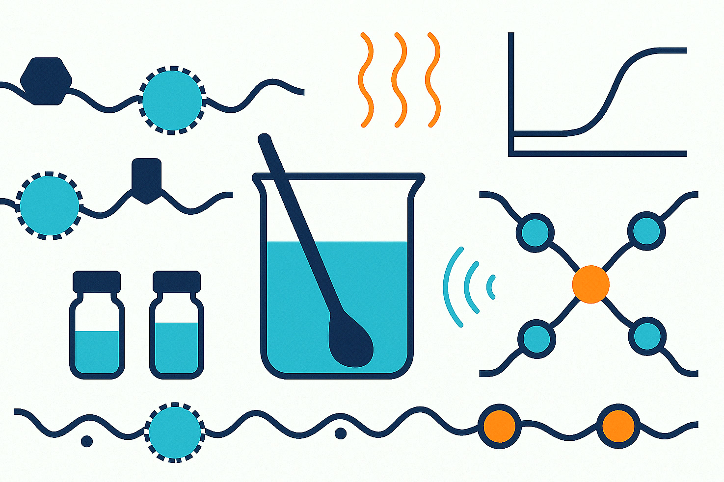 Ilustración de química de diisocianatos bloqueados, activación por calor y formación de red polimérica entrecruzada