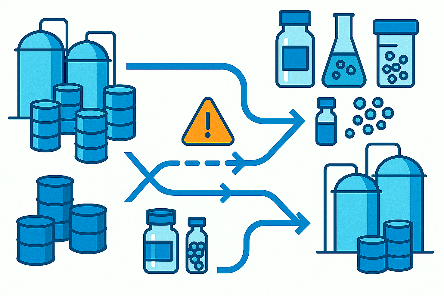 Ilustración de elementos redundantes de producción, almacenamiento y logística que apoyan la estabilidad del suministro industrial