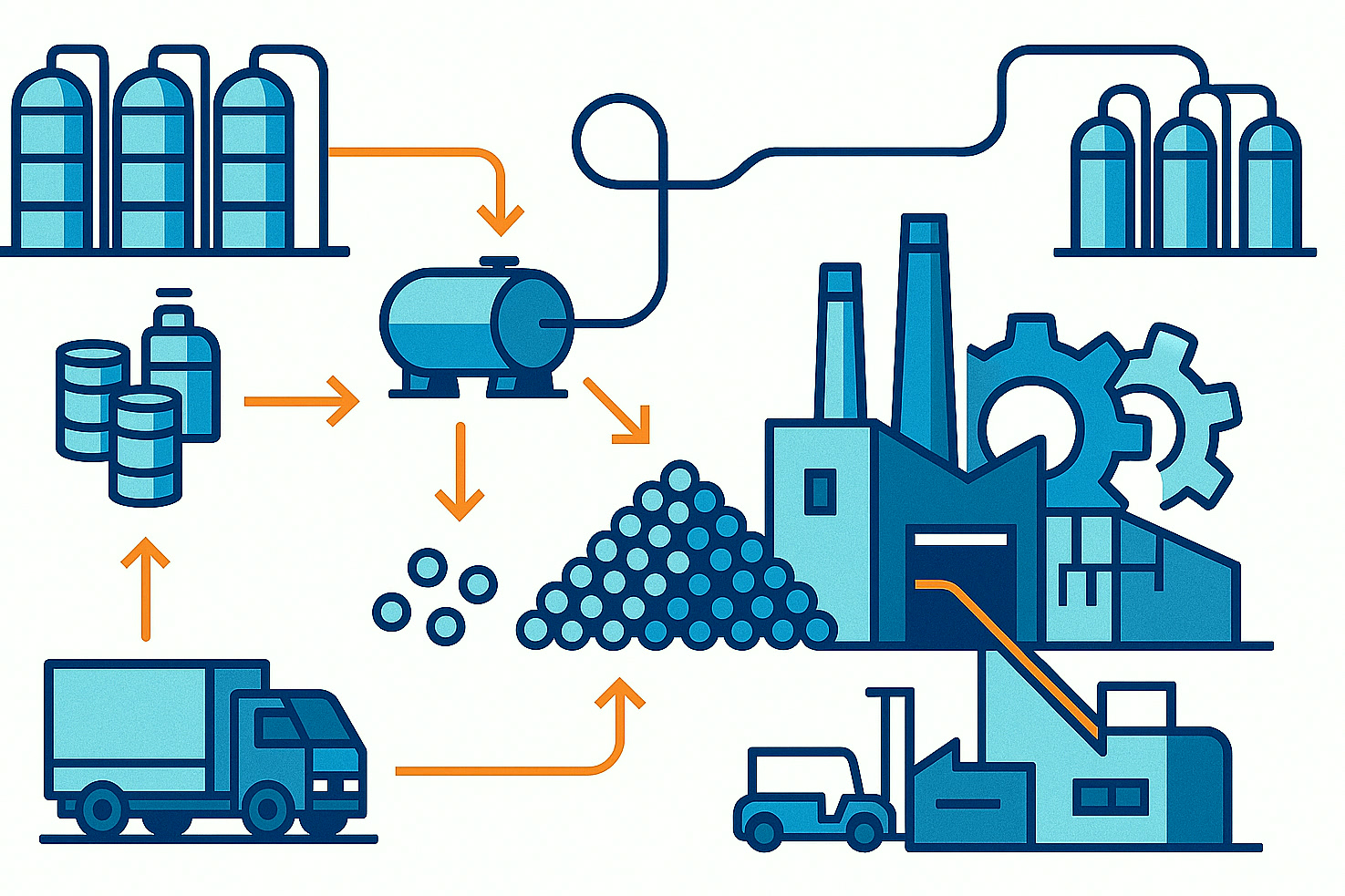 Ilustración de múltiples sitios de producción y rutas logísticas que respaldan un suministro fiable de productos químicos especiales