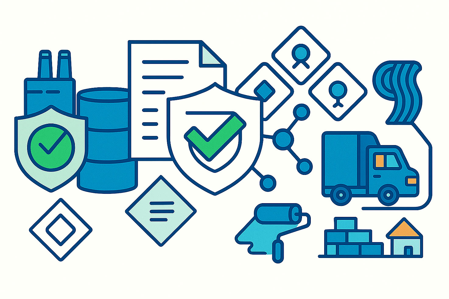 Ilustración de trazabilidad de lotes, documentación, logística y aplicaciones industriales posteriores en la cadena de valor de química especializada